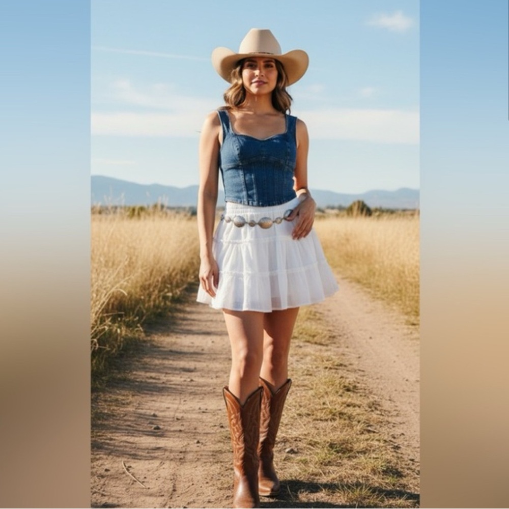 New! Stretchy Denim Sweetheart Corset Top, Festival Western Cowgirl Rodeo Style - Picture 5 of 7